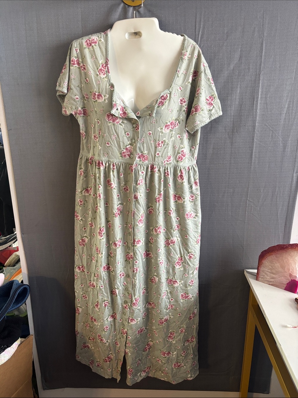 Sage Floral Maxi Dress with Pink Rose Print